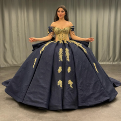 Ball Gown Off Shoulder Sleeveless Beaded Gold Appliques Pleated Bow Knot Glitter Dark Navy Satin Quinceanera Dress Birthday Party Dress For Sweet 16