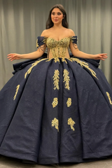 Ball Gown Off Shoulder Sleeveless Beaded Gold Appliques Pleated Bow Knot Glitter Dark Navy Satin Quinceanera Dress Birthday Party Dress For Sweet 16
