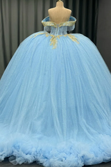 Ball Gown Off Shoulder Sleeveless Beaded Gold Appliques Pleated Glitter Sky Blue Tulle Quinceanera Dress Birthday Party Dress For Sweet 16