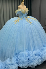 Ball Gown Off Shoulder Sleeveless Beaded Gold Appliques Pleated Glitter Sky Blue Tulle Quinceanera Dress Birthday Party Dress For Sweet 16