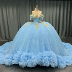 Ball Gown Off Shoulder Sleeveless Beaded Gold Appliques Pleated Glitter Sky Blue Tulle Quinceanera Dress Birthday Party Dress For Sweet 16