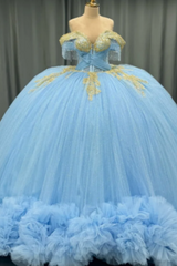 Ball Gown Off Shoulder Sleeveless Beaded Gold Appliques Pleated Glitter Sky Blue Tulle Quinceanera Dress Birthday Party Dress For Sweet 16