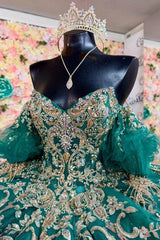 Ball Gown Off Shoulder Sleeveless Beaded Gold Applliques Sparkly Dark Green Tulle Quinceanera Dress Birthday Party Dress Formal Evening Dress For Sweet 16