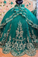 Ball Gown Off Shoulder Sleeveless Beaded Gold Applliques Sparkly Dark Green Tulle Quinceanera Dress Birthday Party Dress Formal Evening Dress For Sweet 16