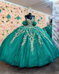 Ball Gown Off Shoulder Sleeveless Beaded Gold Applliques Sparkly Dark Green Tulle Quinceanera Dress Birthday Party Dress Formal Evening Dress For Sweet 16