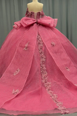 Ball Gown Off Shoulder Sleeveless Beaded Sequins 3D Flower Appliques Bow Knot Glitter Pink Tulle Quinceanera Dress Formal Evening Party Gown For Sweet 16