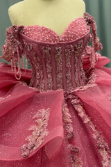 Ball Gown Off Shoulder Sleeveless Beaded Sequins 3D Flower Appliques Bow Knot Glitter Pink Tulle Quinceanera Dress Formal Evening Party Gown For Sweet 16