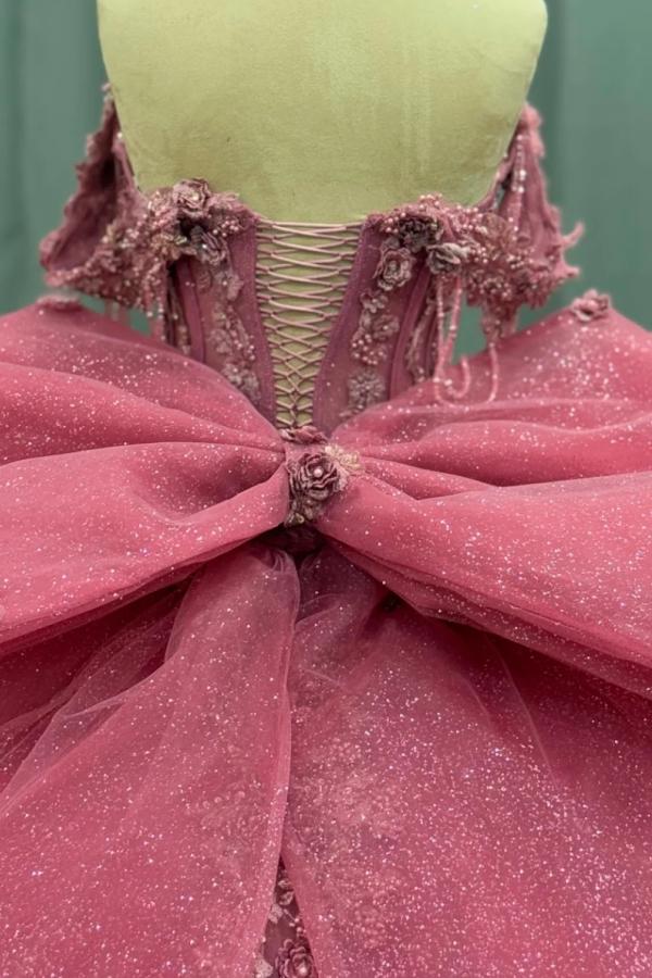 Ball Gown Off Shoulder Sleeveless Beaded Sequins 3D Flower Appliques Bow Knot Glitter Pink Tulle Quinceanera Dress Formal Evening Party Gown For Sweet 16