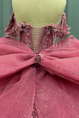 Ball Gown Off Shoulder Sleeveless Beaded Sequins 3D Flower Appliques Bow Knot Glitter Pink Tulle Quinceanera Dress Formal Evening Party Gown For Sweet 16