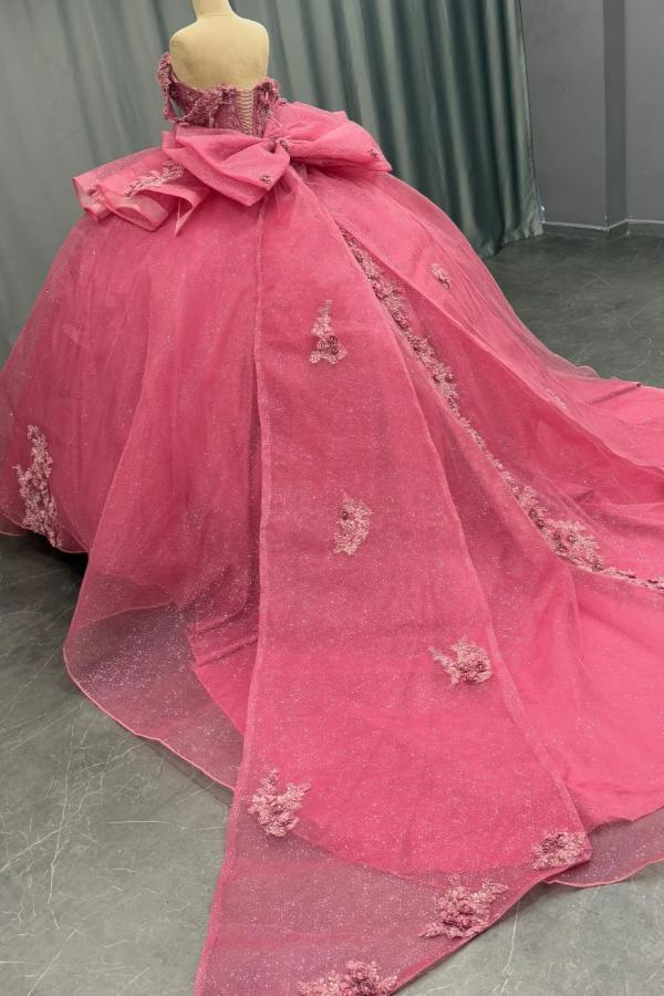 Ball Gown Off Shoulder Sleeveless Beaded Sequins 3D Flower Appliques Bow Knot Glitter Pink Tulle Quinceanera Dress Formal Evening Party Gown For Sweet 16
