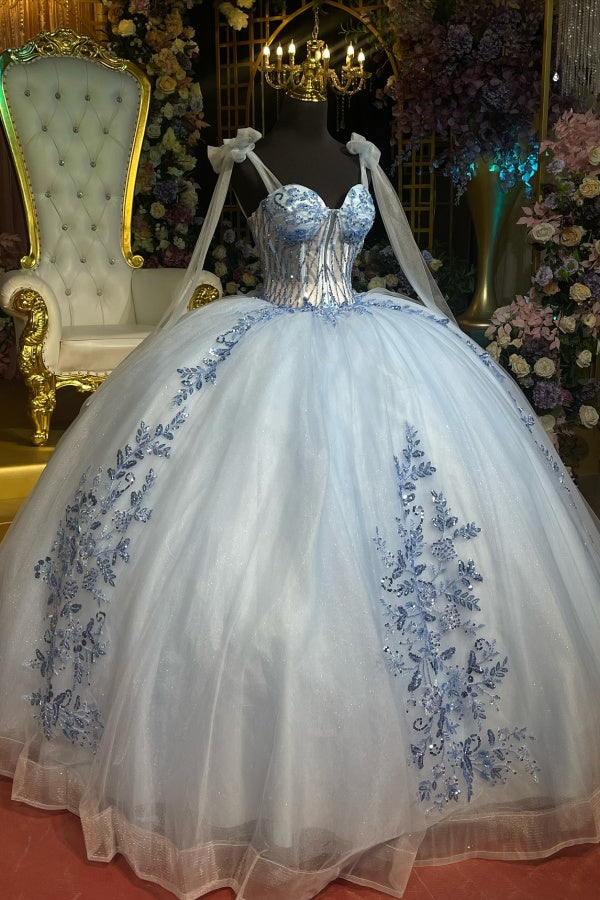 Ball Gown Off Shoulder Sleeveless Beaded Sequins Appleques Shawl Bbay Blue Tulle Evening Formal Gown Quinceanera Dress Birthday Party Dress For Sweet 16