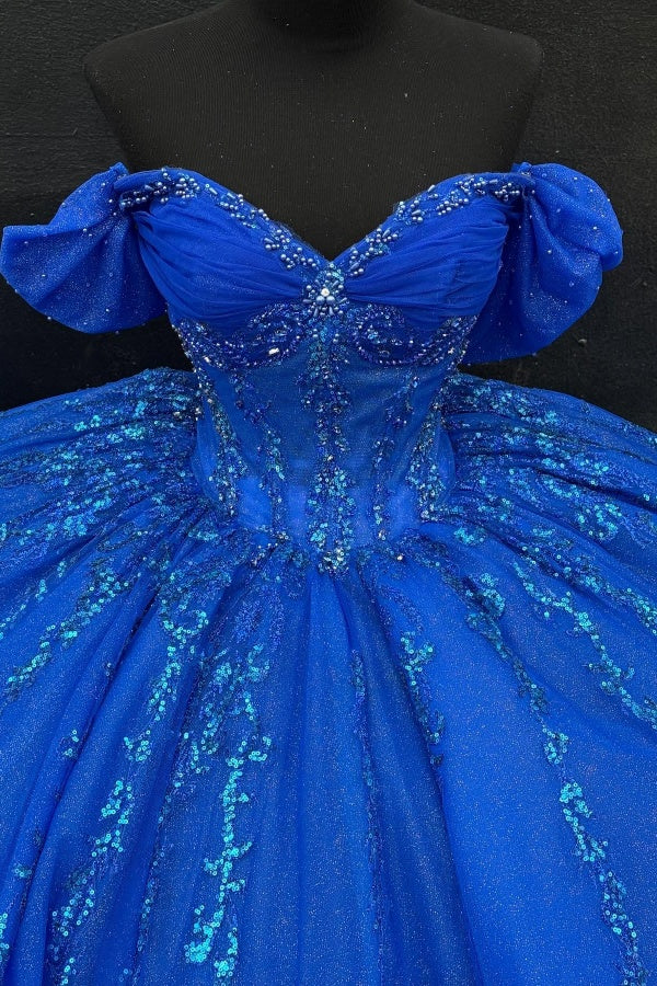 Ball Gown Off Shoulder Sleeveless Beaded Sequins Appliques Bow Knots Sparkly Royal Blue Tulle Quinceanera Dress Formal Evening Dress Birthday Party Dress For Sweet 16