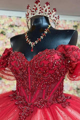 Ball Gown Off Shoulder Sleeveless Beaded Sequins Appliques Pleated Lace Up Glitter Red Tulle Quinceanera Dress Birthday Party Gown For Sweet 16