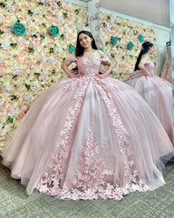 Ball Gown Off Shoulder Sleeveless Fully Appiques Crystal Pleated Lace Up Big Bow Knot Light Pink Tulle Quinceanera Dress Birthday Party Dress Formal Evening Gown For Sweet 16