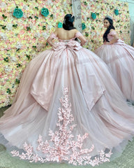 Ball Gown Off Shoulder Sleeveless Fully Appiques Crystal Pleated Lace Up Big Bow Knot Light Pink Tulle Quinceanera Dress Birthday Party Dress Formal Evening Gown For Sweet 16