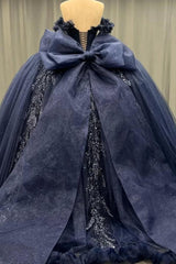 Ball Gown Off Shoulder Sleeveless Fully Beaded Appliques Bow Knot Lace Up Sparkly Dark Navy Tulle Quinceanera Dress Birthday Party Dress For Sweet 16