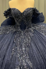 Ball Gown Off Shoulder Sleeveless Fully Beaded Appliques Bow Knot Lace Up Sparkly Dark Navy Tulle Quinceanera Dress Birthday Party Dress For Sweet 16