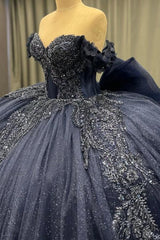 Ball Gown Off Shoulder Sleeveless Fully Beaded Appliques Bow Knot Lace Up Sparkly Dark Navy Tulle Quinceanera Dress Birthday Party Dress For Sweet 16