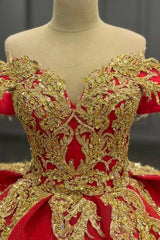Ball Gown Off Shoulder Sleeveless Fully Gold Beaded Sequins Appliques Lace Up Sparkly Red Tulle Quinceanera Dress Evening Party Gown For Sweet 16