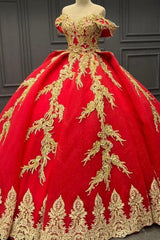 Ball Gown Off Shoulder Sleeveless Fully Gold Beaded Sequins Appliques Lace Up Sparkly Red Tulle Quinceanera Dress Evening Party Gown For Sweet 16