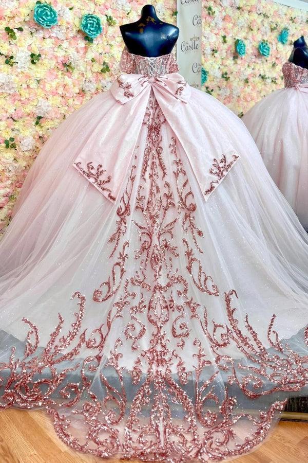 Ball Gown Off Shoulder Sleeveless Fully Sequins Appliques Pleated Lace Up Big Bow Knot Pink Tulle Quinceanera Dress Birthday Party Dress Formal Evening Gown