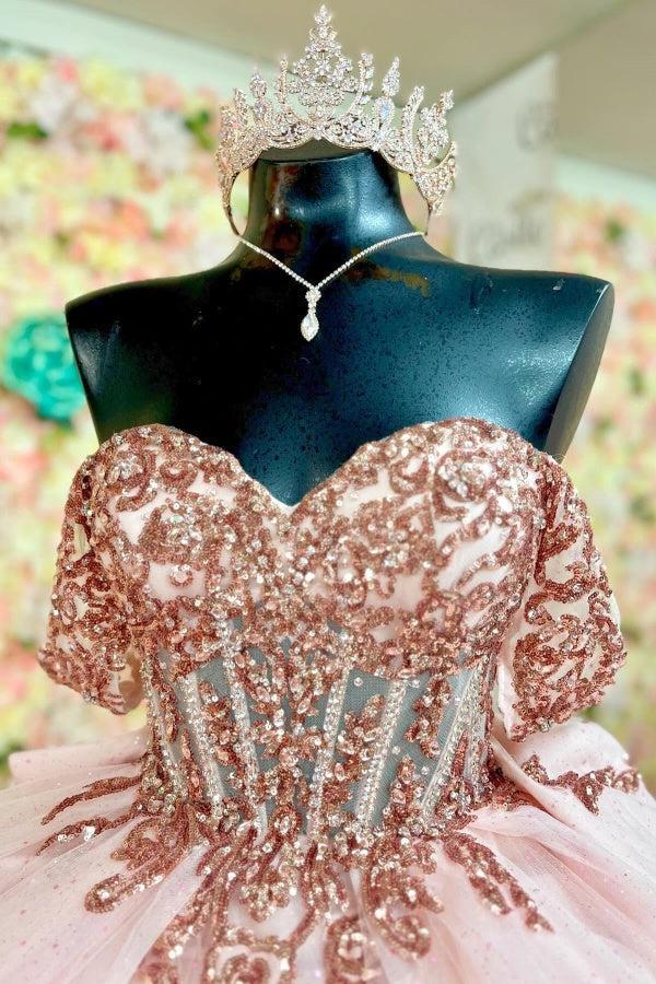 Ball Gown Off Shoulder Sleeveless Fully Sequins Appliques Pleated Lace Up Big Bow Knot Pink Tulle Quinceanera Dress Birthday Party Dress Formal Evening Gown