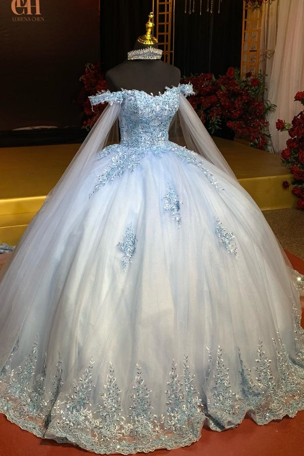 Ball Gown Off Shoulder Sleeveless Fully Sequins Beaded Appliques Baby Blue Tulle Quinceanera Dress Evening Formal Gown Birthday Party Dress For Sweet 16