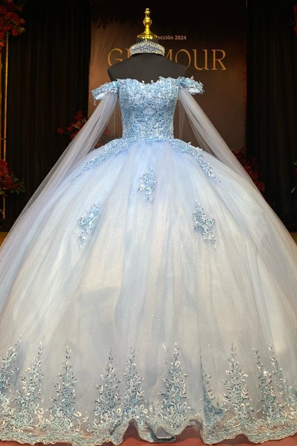 Ball Gown Off Shoulder Sleeveless Fully Sequins Beaded Appliques Baby Blue Tulle Quinceanera Dress Evening Formal Gown Birthday Party Dress For Sweet 16