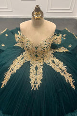 Ball Gown Off Shoulder Sleeveless Gold Appliques Ruffles Tiered Bow Knot Lace Up Sparkly Dark Green Tulle Quinceanera Dress Formal Evening Party Dress For Sweet 16