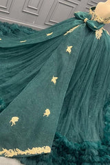 Ball Gown Off Shoulder Sleeveless Gold Appliques Ruffles Tiered Bow Knot Lace Up Sparkly Dark Green Tulle Quinceanera Dress Formal Evening Party Dress For Sweet 16