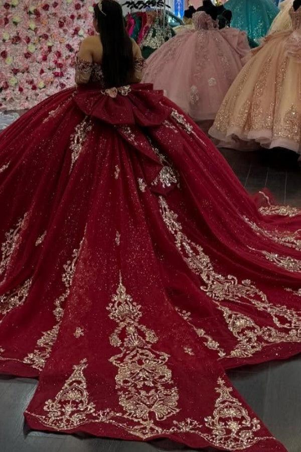 Ball Gown Off Shoulder Sleeveless Gold Sequins Appliques Big Bow Knot Sparkly Burgundy Tulle Quinceanera Dress Birthday Party Dress Evening Formal Gown For Sweet 16