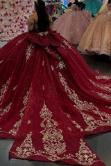 Ball Gown Off Shoulder Sleeveless Gold Sequins Appliques Big Bow Knot Sparkly Burgundy Tulle Quinceanera Dress Birthday Party Dress Evening Formal Gown For Sweet 16