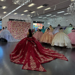 Ball Gown Off Shoulder Sleeveless Gold Sequins Appliques Big Bow Knot Sparkly Burgundy Tulle Quinceanera Dress Birthday Party Dress Evening Formal Gown For Sweet 16