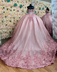 Ball Gown Off Shoulder Sleeveless Pleated Appliques Crystal Beaded Lace Up Pink Tulle Quinceanera Dress Birthday Party Dress Evening Formal Gown For Sweet 16