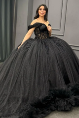Ball Gown Off Shoulder Sleeveless Pleated Appliques Tiered Sparkly Black Tulle Quinceanera Dress Birthday Party Dress For Sweet 16