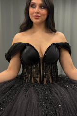 Ball Gown Off Shoulder Sleeveless Pleated Appliques Tiered Sparkly Black Tulle Quinceanera Dress Birthday Party Dress For Sweet 16