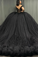 Ball Gown Off Shoulder Sleeveless Pleated Appliques Tiered Sparkly Black Tulle Quinceanera Dress Birthday Party Dress For Sweet 16