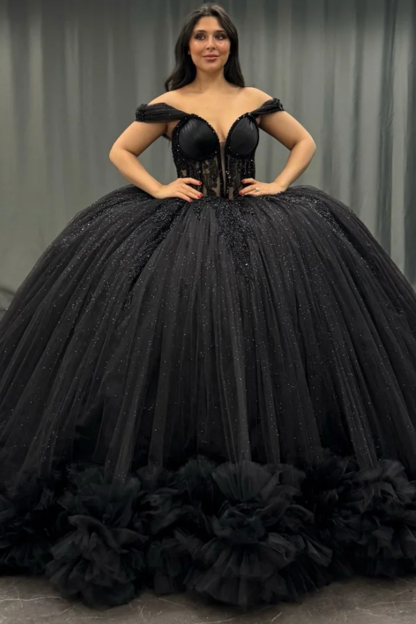 Ball Gown Off Shoulder Sleeveless Pleated Appliques Tiered Sparkly Black Tulle Quinceanera Dress Birthday Party Dress For Sweet 16