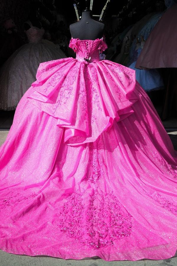 Ball Gown Off Shoulder Sleeveless Pleated Beaded Appliques Lace Up Fuchsia Tulle Quinceanera Dress Birthday Party Dress For Sweet 16