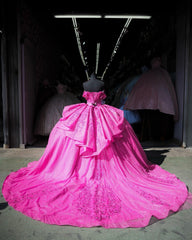 Ball Gown Off Shoulder Sleeveless Pleated Beaded Appliques Lace Up Fuchsia Tulle Quinceanera Dress Birthday Party Dress For Sweet 16