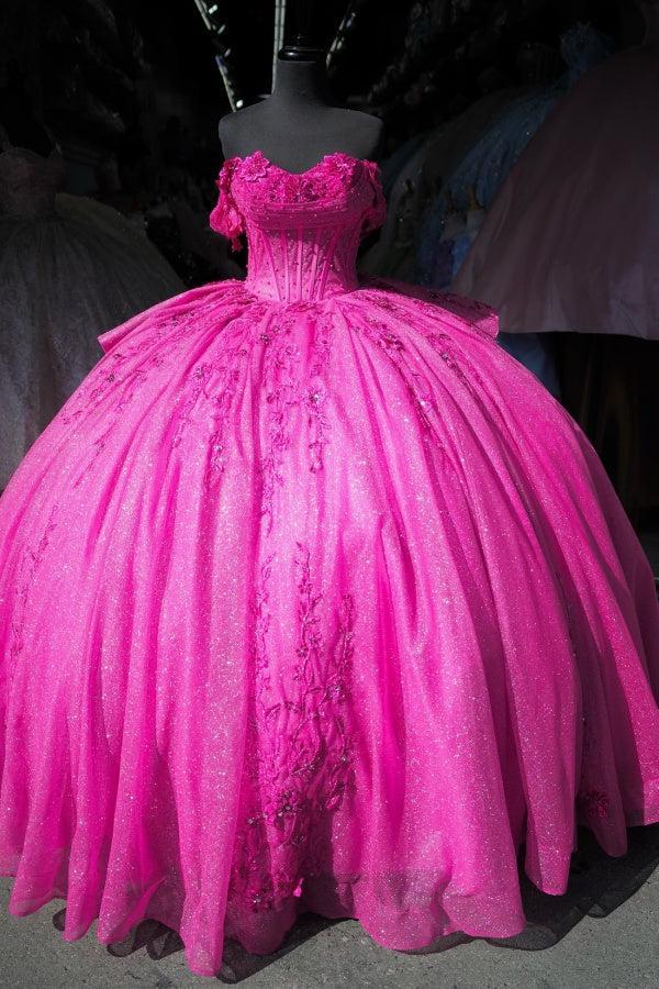 Ball Gown Off Shoulder Sleeveless Pleated Beaded Appliques Lace Up Fuchsia Tulle Quinceanera Dress Birthday Party Dress For Sweet 16