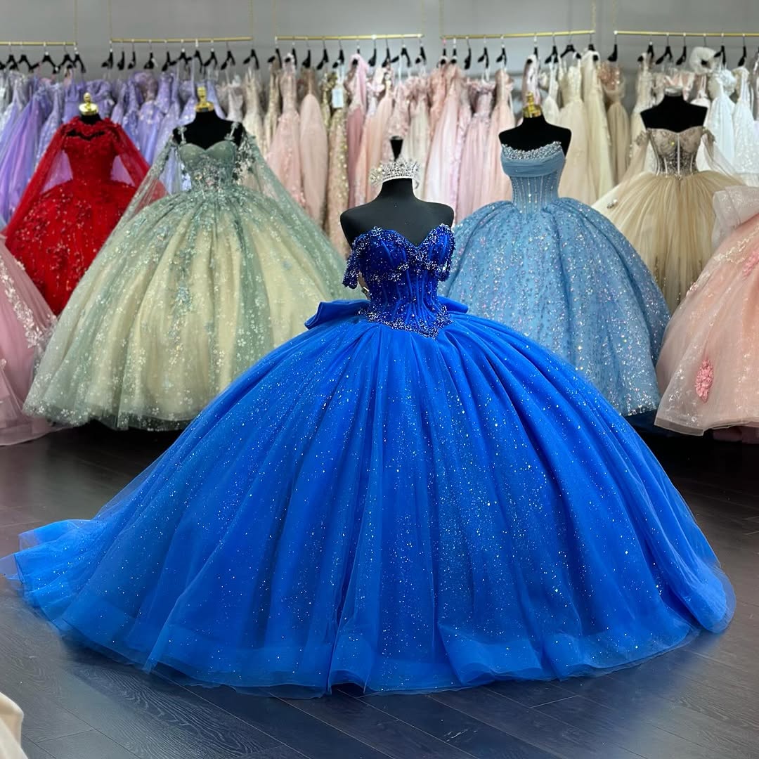 Ball Gown Off Shoulder Sleeveless Pleated Beaded Bow Knot Lace Up Sparkly Royal Blue Tulle Quinceanera Dress Birthday Party Dress For Sweet 16