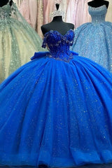 Ball Gown Off Shoulder Sleeveless Pleated Beaded Bow Knot Lace Up Sparkly Royal Blue Tulle Quinceanera Dress Birthday Party Dress For Sweet 16