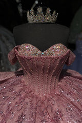Ball Gown Off Shoulder Sleeveless Pleated Beaded Crystal Fully Sequins Sparkly Pink Tulle Quinceanera Dress Birthday Party Dress For Sweet 16