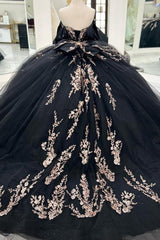 Ball Gown Off Shoulder Sleeveless Pleated Beaded Gold Appliques Bow Knot Lace Up Balck Tulle Quinceanera Dress Birthday Party Dress For Sweet 16