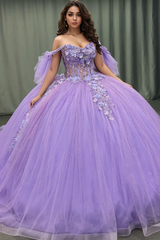 Ball Gown Off Shoulder Sleeveless Pleated Beaded Sequins 3D Flower Appliques Glitter Purple Tulle Quinceanera Dress Birthday Party Gown For Sweet 16