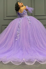Ball Gown Off Shoulder Sleeveless Pleated Beaded Sequins 3D Flower Appliques Glitter Purple Tulle Quinceanera Dress Birthday Party Gown For Sweet 16