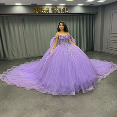 Ball Gown Off Shoulder Sleeveless Pleated Beaded Sequins 3D Flower Appliques Glitter Purple Tulle Quinceanera Dress Birthday Party Gown For Sweet 16