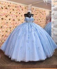 Ball Gown Off Shoulder Sleeveless Pleated Beaded Sequins 3D Flower Appliques Lace Up Glitter Sky Blue Tulle Quinceanera Dress Birthday Party Dress For Sweet 16