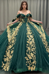 Ball Gown Off Shoulder Sleeveless Pleated Gold Sequins Beaded Crystal Glitter Dark Green Tulle Quinceanera Dress Closet Big Bow Knot Birthday Party Dress For Sweet 16